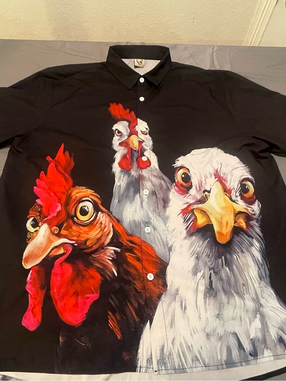 Men's Black Button-Down Shirt with Colorful Chicken Print